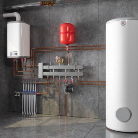 Installierte Heizungsanlage mit Warmwasserspeicher und Rohrsystem