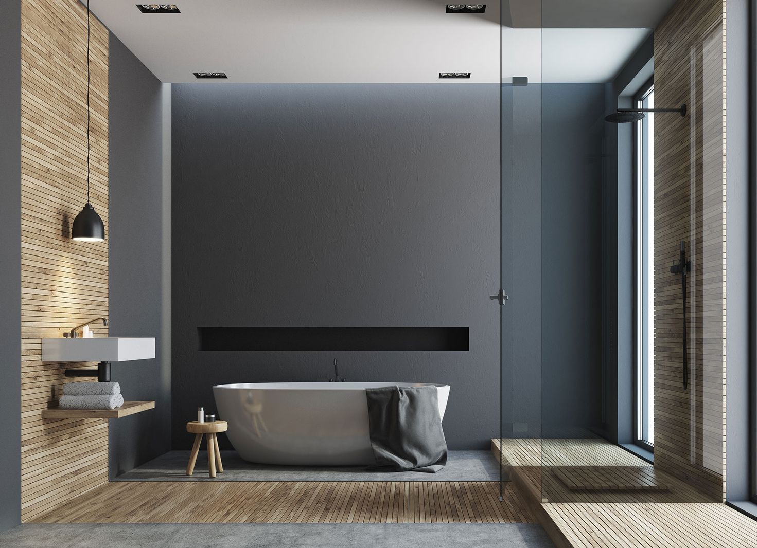 Modernes Badezimmer mit freistehender Badewanne, dunkler Wand, Holzverkleidung und Glasdusche